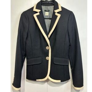 J Crew Womens Black Wool Blazer Size 2 Cream Trim Gold Crest Buttons Office Work